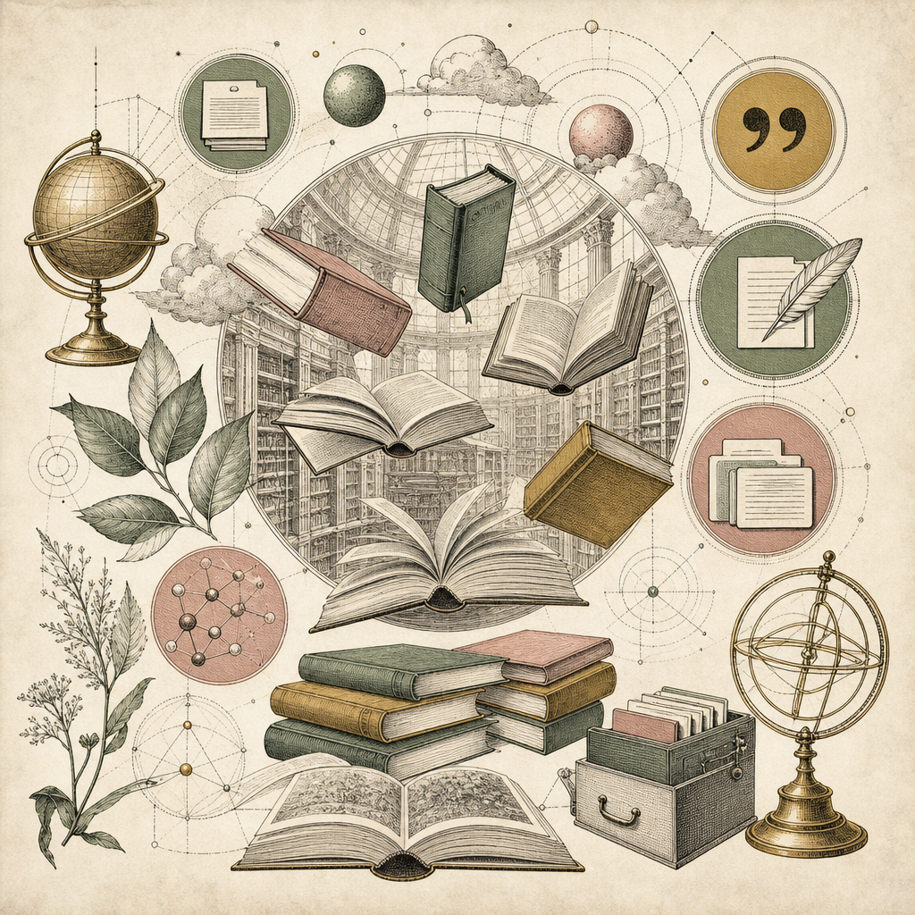 An abstract digital library with floating books and icons representing research tools like citation, word count, and flashcards, symbolizing academic research tools.
