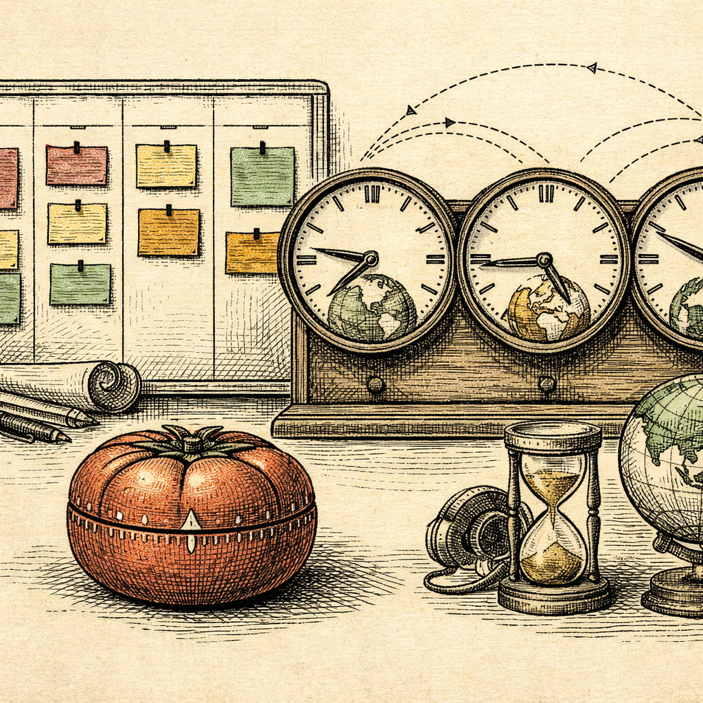 A digital-focused workspace scene featuring a colorful Kanban board, Pomodoro timer, and a clock showing different global time zones, all operating harmoniously to depict remote work efficiency.