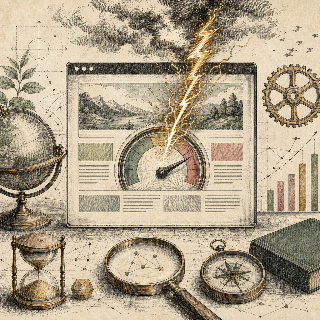 A lightning bolt striking a digital speedometer on a webpage, symbolizing the concept of boosting page speed for better SEO.