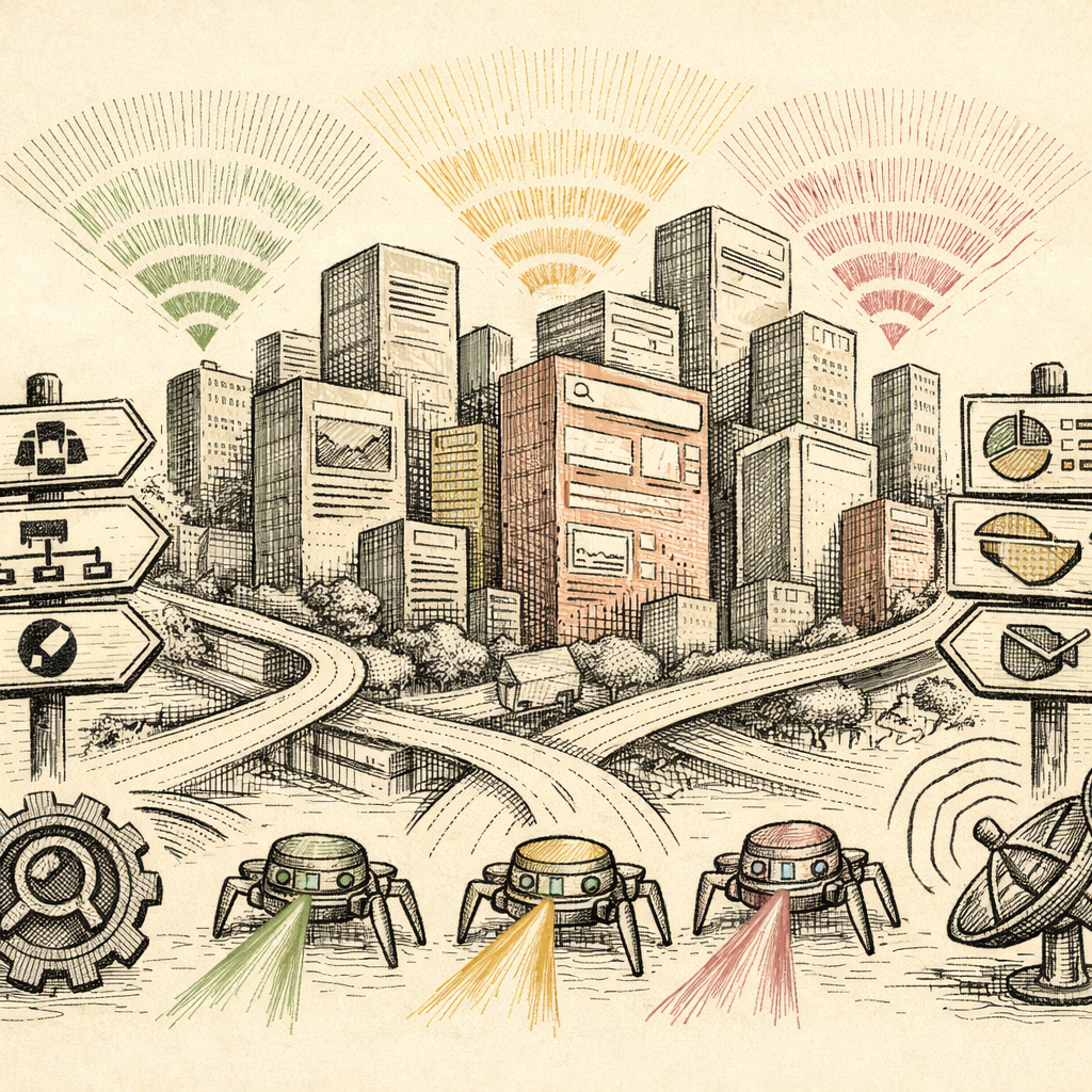 An abstract cityscape with skyscrapers symbolizing web pages, road signs representing structured data, and search engine crawlers depicted as colorful signals guiding through the city. No humans or fa