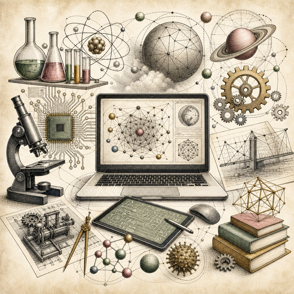 A digital classroom scene with animated vectors representing science (beakers, atoms), technology (circuit boards, screens), engineering (gears, blueprints), and math (numbers, equations) interconnect