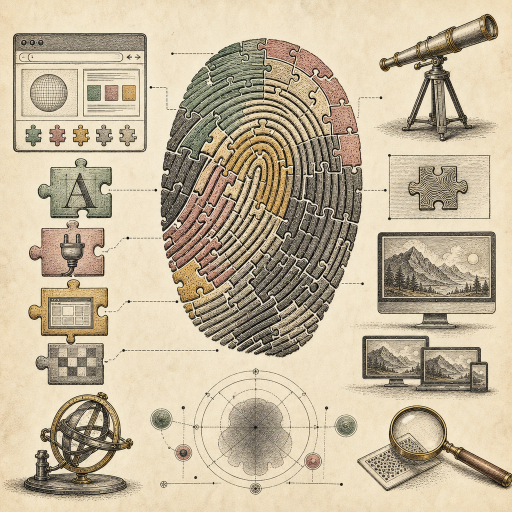 A surreal, abstract illustration of a browser window with unique elements like fonts, plugins, and screen resolution represented as puzzle pieces forming a distinctive 'fingerprint'.
