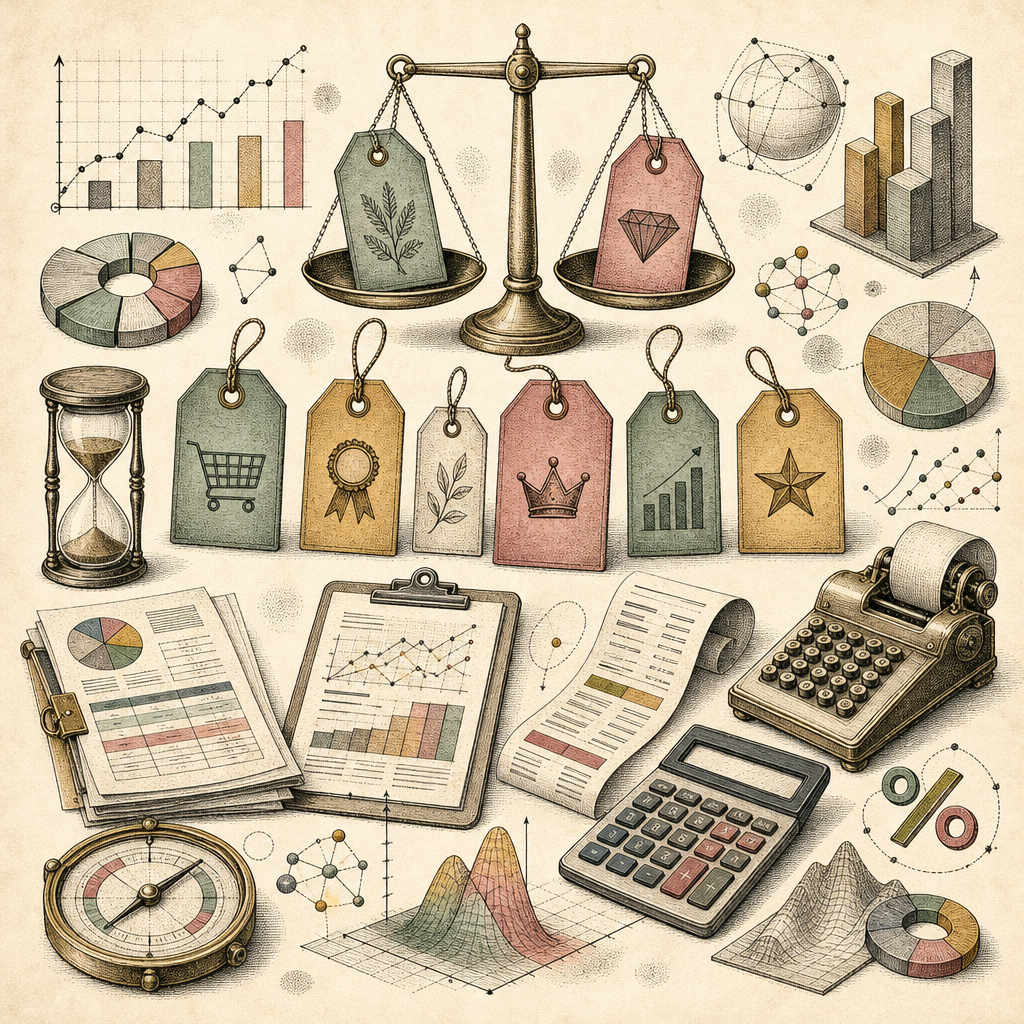 A scene depicting a variety of colorful price tags, invoices, and calculators symbolizing different pricing strategies. Include abstract symbols like graphs and percentage signs to represent dynamic a