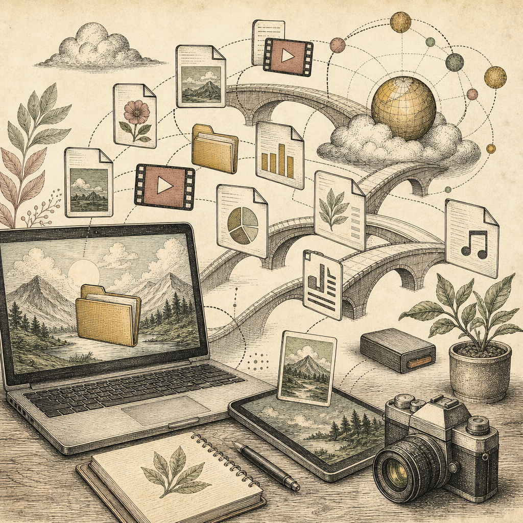 A digital workspace with a variety of file icons (documents, images, videos) transitioning seamlessly through abstract bridges symbolizing cross-platform connections.