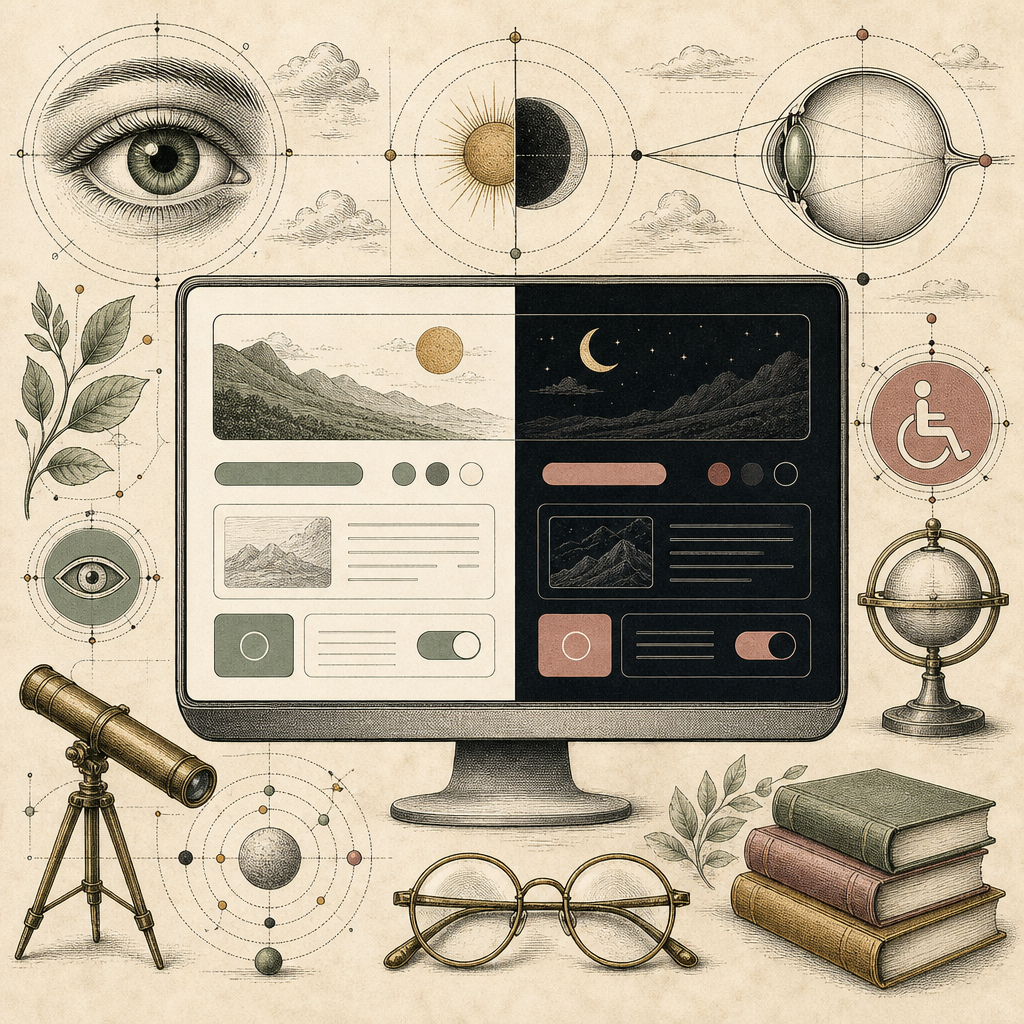A digital screen showing a user interface that's split into light mode and dark mode, with contrasting elements like text, buttons, and background colors. Symbols representing eye care and accessibili