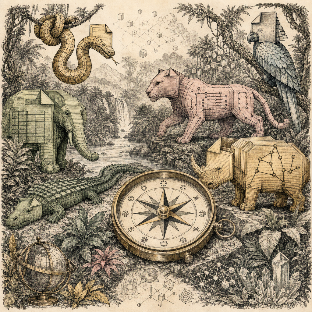 A digital jungle filled with file format icons (CSV, JSON, XML, YAML) as wild animals, and a navigational compass labeled 'converters' guiding through the chaos.
