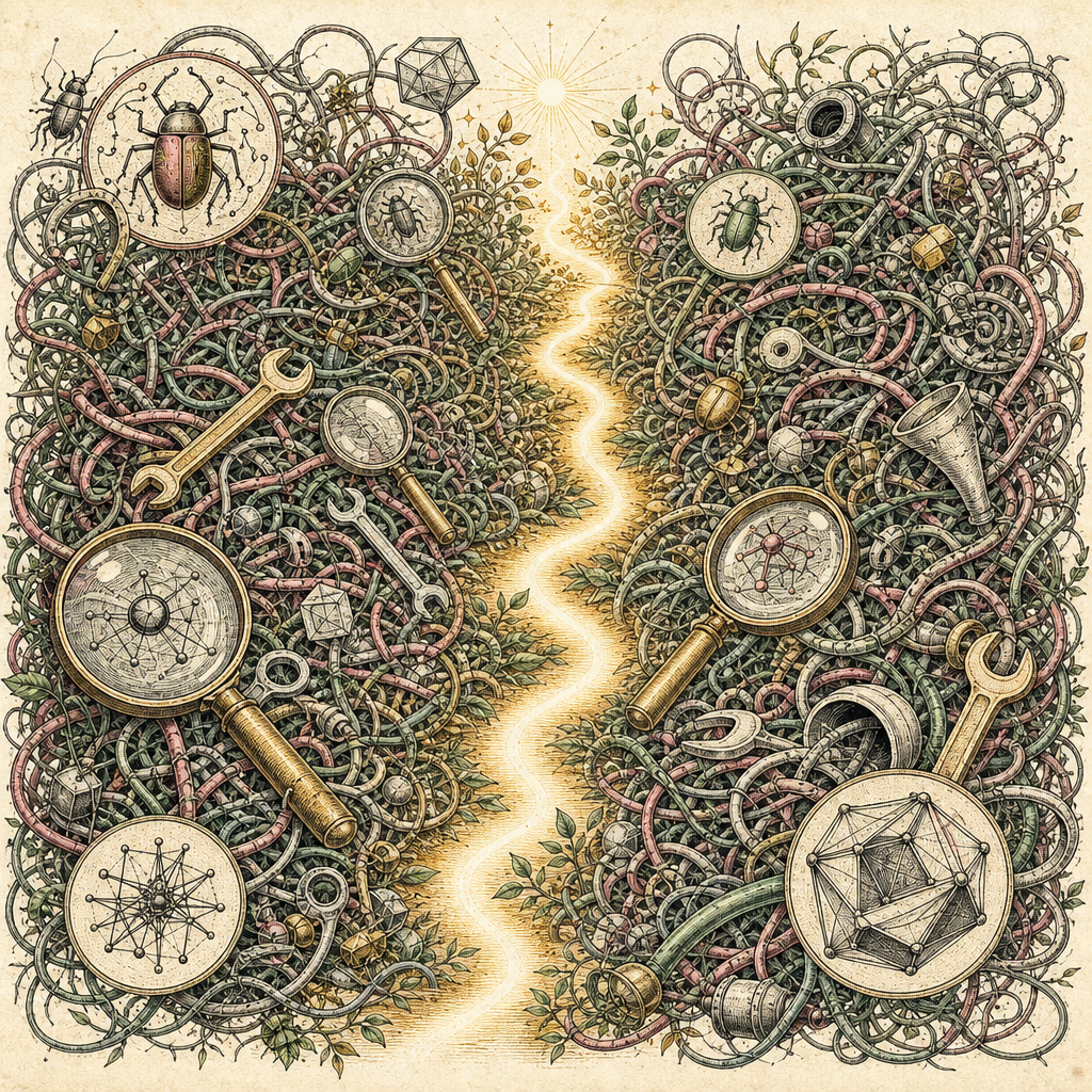 A colorful, chaotic jungle of tangled computer code with abstract bug symbols. Code lines intertwine like vines with digital magnifying glasses and wrenches scattered throughout. In the center, a glow