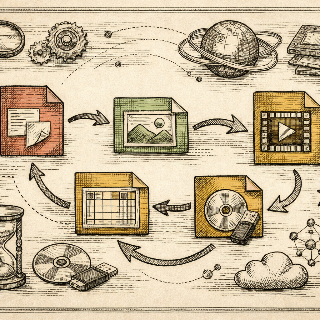 A colorful illustration of various file icons like PDF, JPG, and XLS interconnected with arrows, symbolizing conversion and compatibility across platforms.