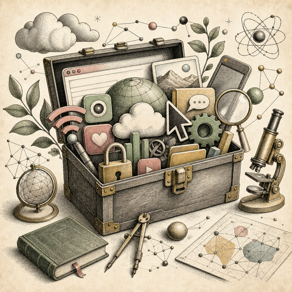 A toolbox overflowing with digital icons (e.g., a browser, a mouse pointer, a cloud, a lock, a magnifying glass) representing digital literacy tools in a colorful, abstract design.