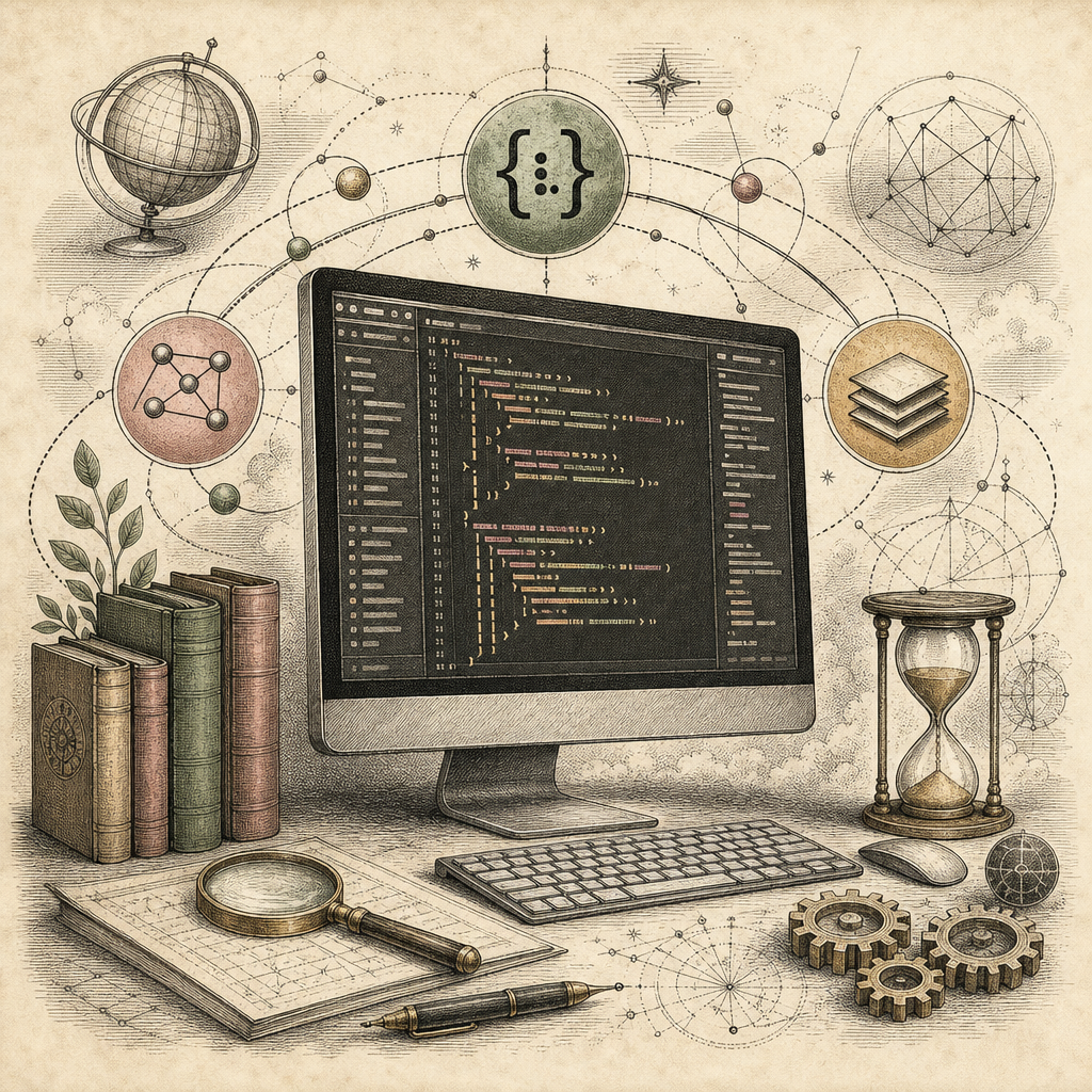 A computer screen displaying a cluttered code editor, with icons representing JSON, CSS, and Regex tools orbiting around it, symbolizing organization and efficiency.