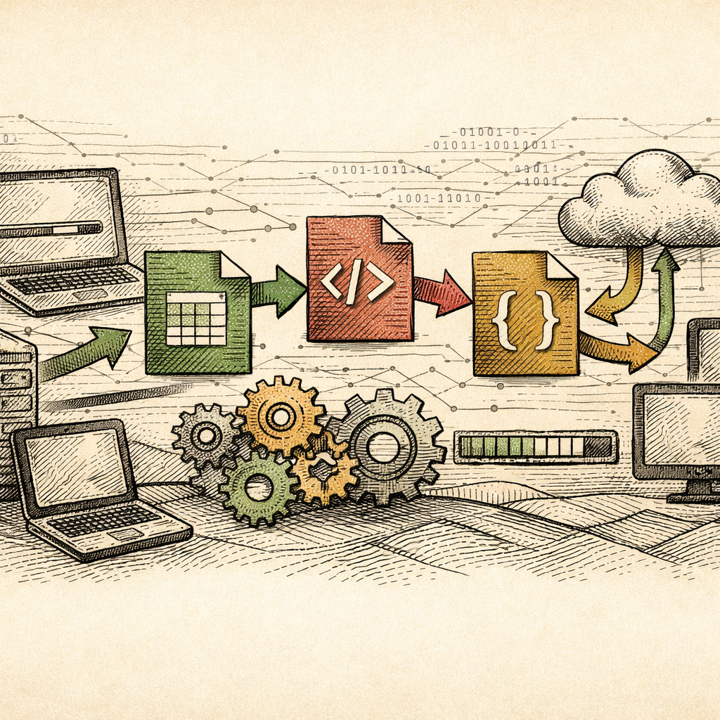 A digital landscape depicting a seamless data migration process - abstract arrows representing data flow between assorted file icons like CSV, XML, and JSON, with automation symbols like gears and dig