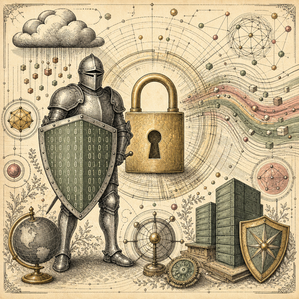 A digital knight in armor holding a shield with binary code symbols, standing guard in front of a glowing padlock surrounded by abstract data streams and security icons.