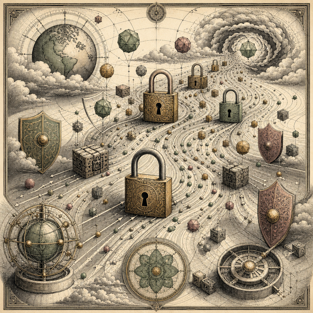 A digital landscape with complex encryption symbols and locks seamlessly protecting flowing binary code streams, symbolizing the journey of encrypted data through cyberspace.