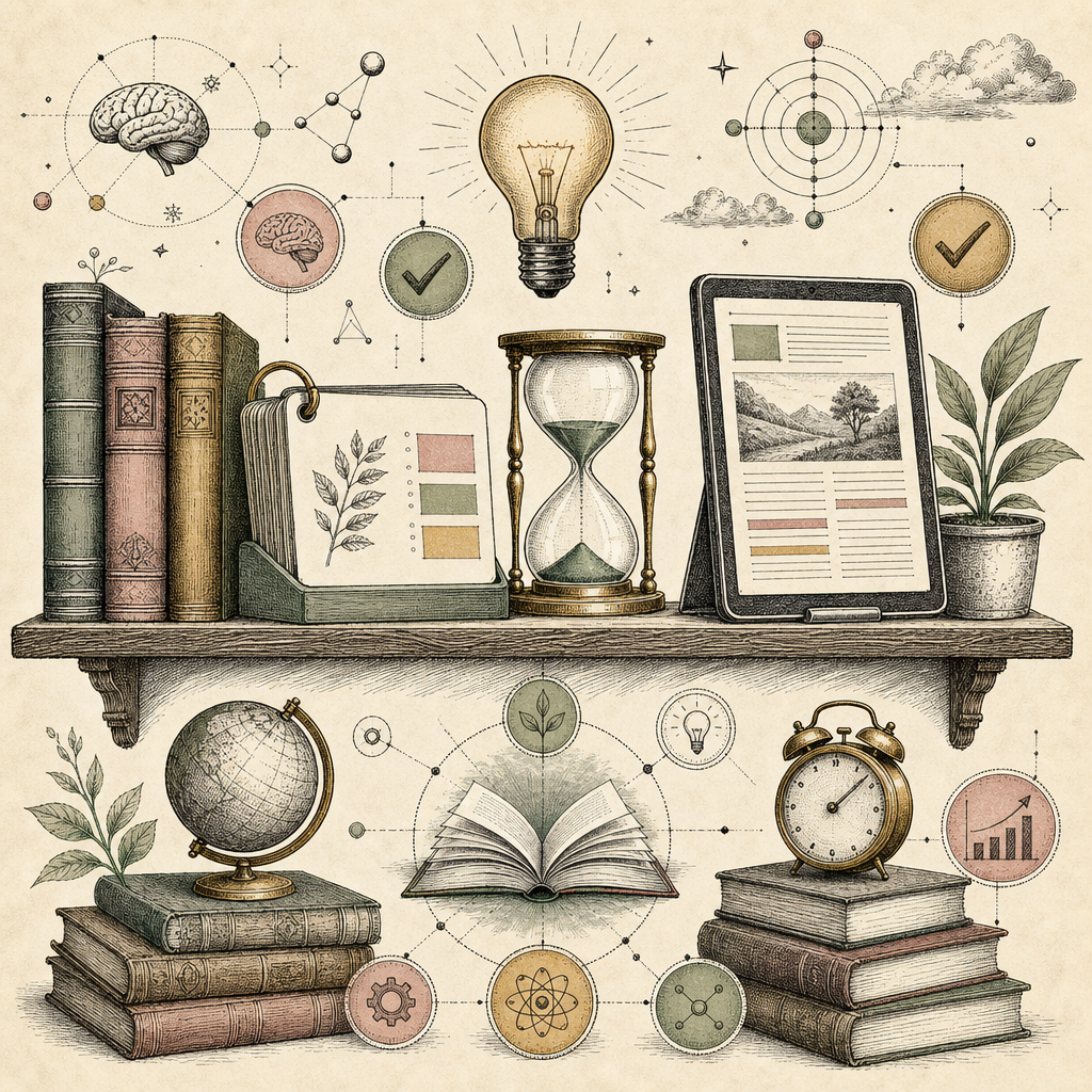 An abstract scene of digital flashcards, study timers, and a text readability tool displayed on a virtual bookshelf. These items are surrounded by icons representing study and productivity, like books