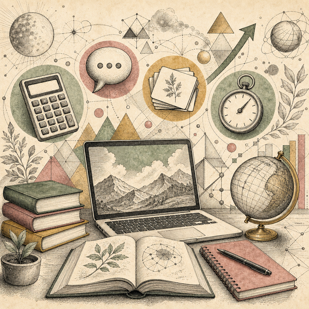 A vibrant illustration of a digital learning environment with floating icons of a calculator, speech bubble, flashcards, and a timer symbolizing different learning tools, set against a backdrop of col