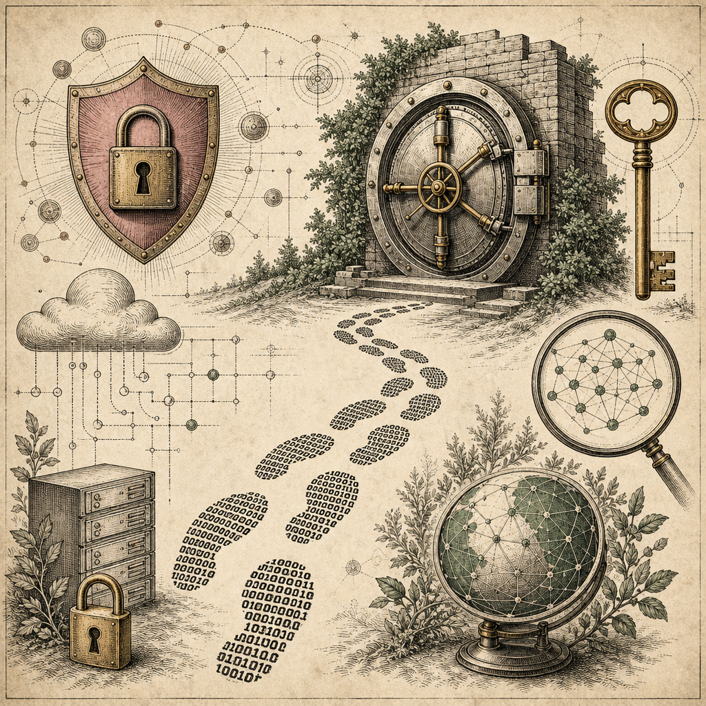 A scene depicting a digital footprint trail made of binary code leading to a secure vault with symbols of security such as locks, shields, and keys, representing data protection and privacy.