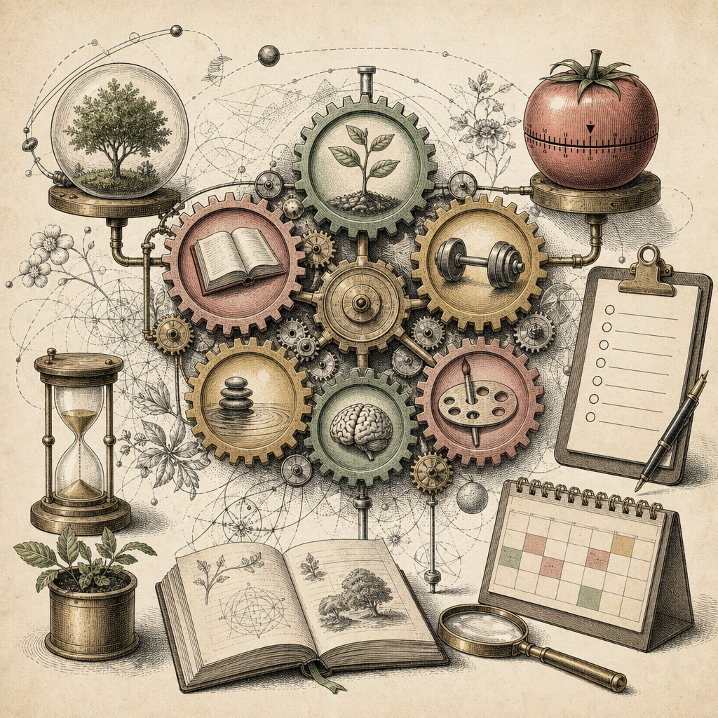 An abstract image showing interconnected gears labeled with habit names, intertwining with objects like a Pomodoro timer, checklist, and calendar, to symbolize habit building and productivity.