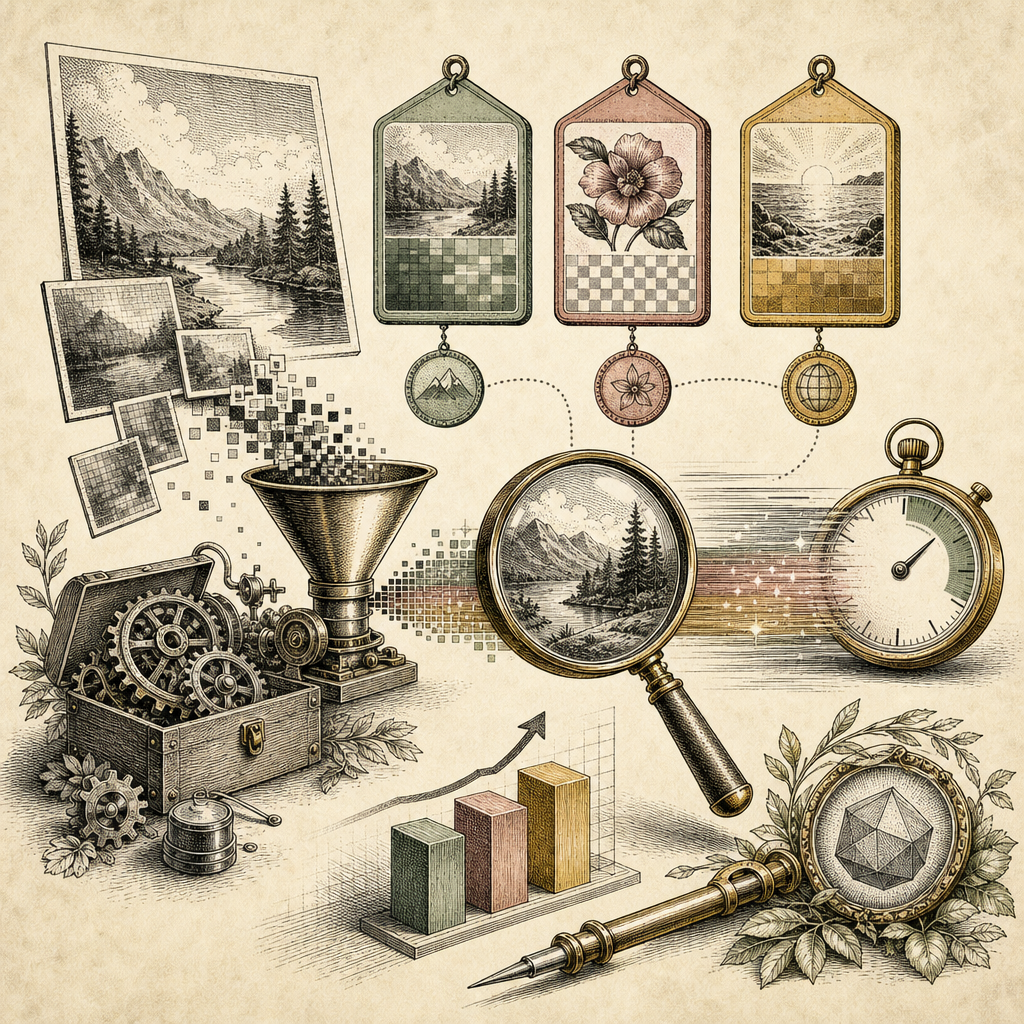 A vibrant scene of digital images getting optimized, featuring icons of JPEG, PNG, and GIF formats, alongside tools like a magnifying glass for clarity and a stopwatch representing speed.