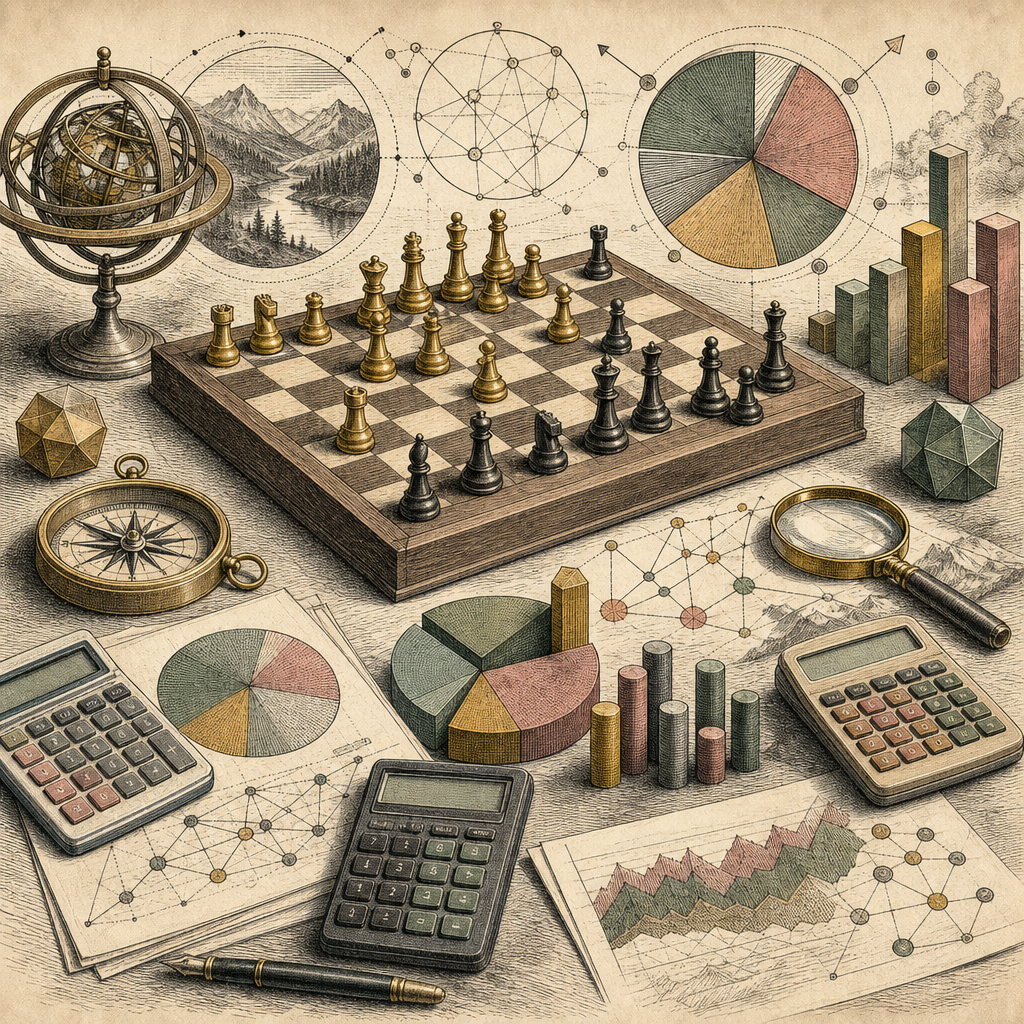 A visual of a negotiation table with a chessboard, various financial calculators, and colorful strategic charts, symbolizing negotiation tactics.