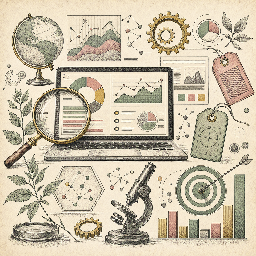 A digital dashboard with SEO metrics, keywords, and content optimization symbols like a magnifying glass, tags, and graphs, visually representing SEO content optimization.