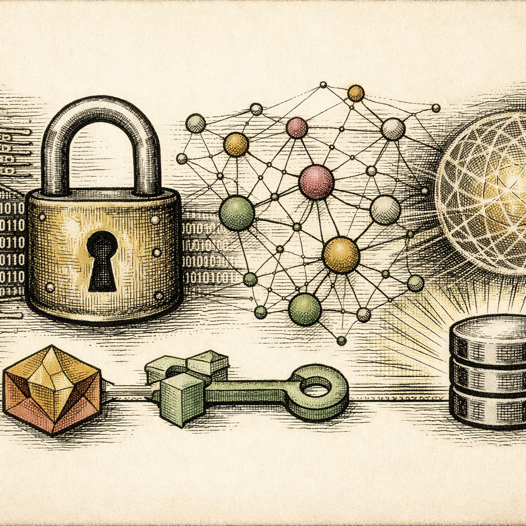 An abstract depiction of encryption in action, featuring a digital padlock, streams of binary code, and interconnected data nodes representing secure data transmission.