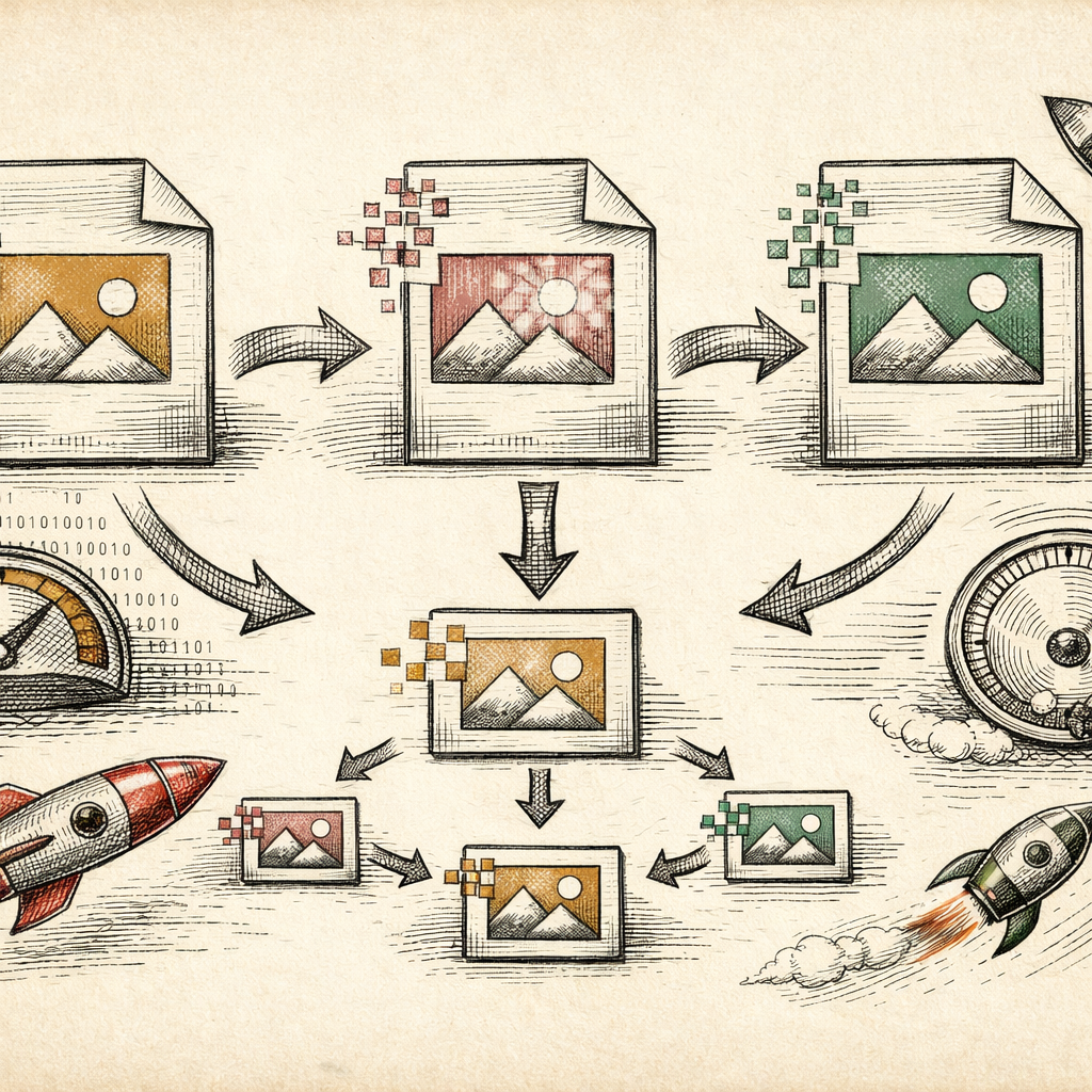 An abstract digital scene featuring various digital image formats (JPEG, PNG, WEBP) represented as colorful icons, interconnected with arrows, showing the transformation and optimization of images. In