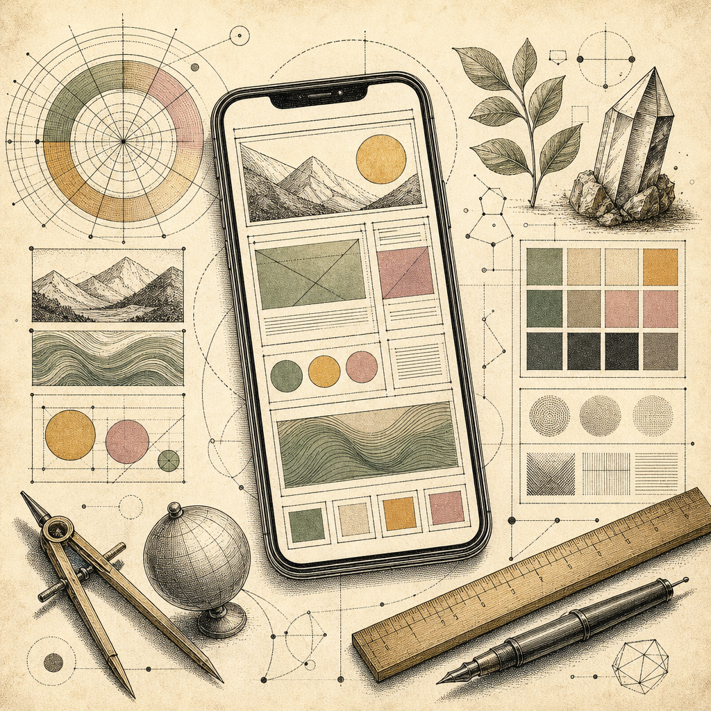 A vibrant scene showing a smartphone screen filled with various design elements such as grids, colors, and typography, showcasing a responsive design layout.