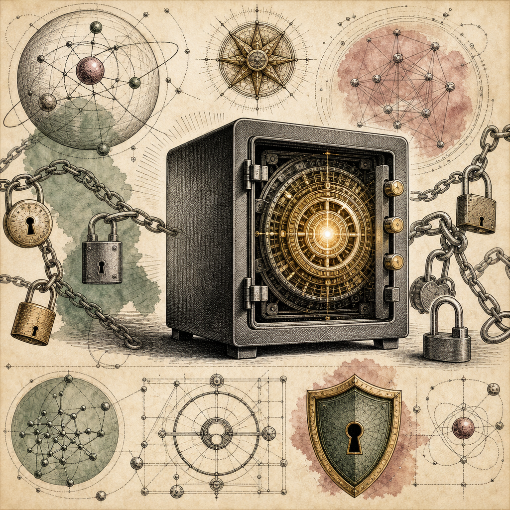 A digital safe with a glowing, intricate lock mechanism, surrounded by abstract chains and padlocks, symbolizing password security