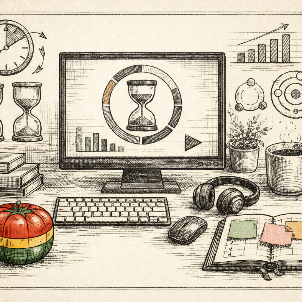 A digital desk setup featuring a colorful Pomodoro timer, a daily planner with sticky notes, and a countdown timer on a screen, symbolizing remote work efficiency.