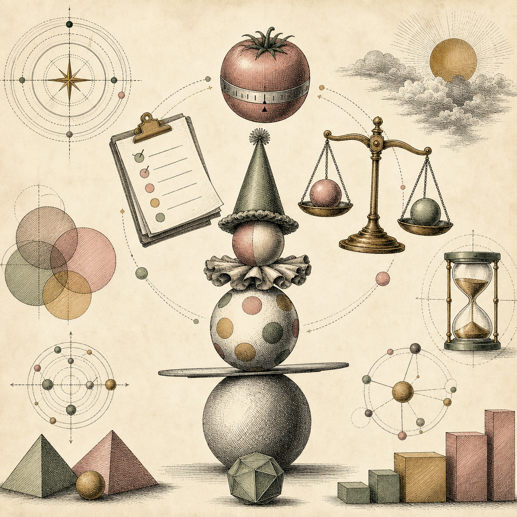 An abstract illustration of task prioritization with symbols like a juggling clown balancing a Pomodoro timer, a checklist, and a pair of scales with tasks labeled as 'urgent' and 'important'.