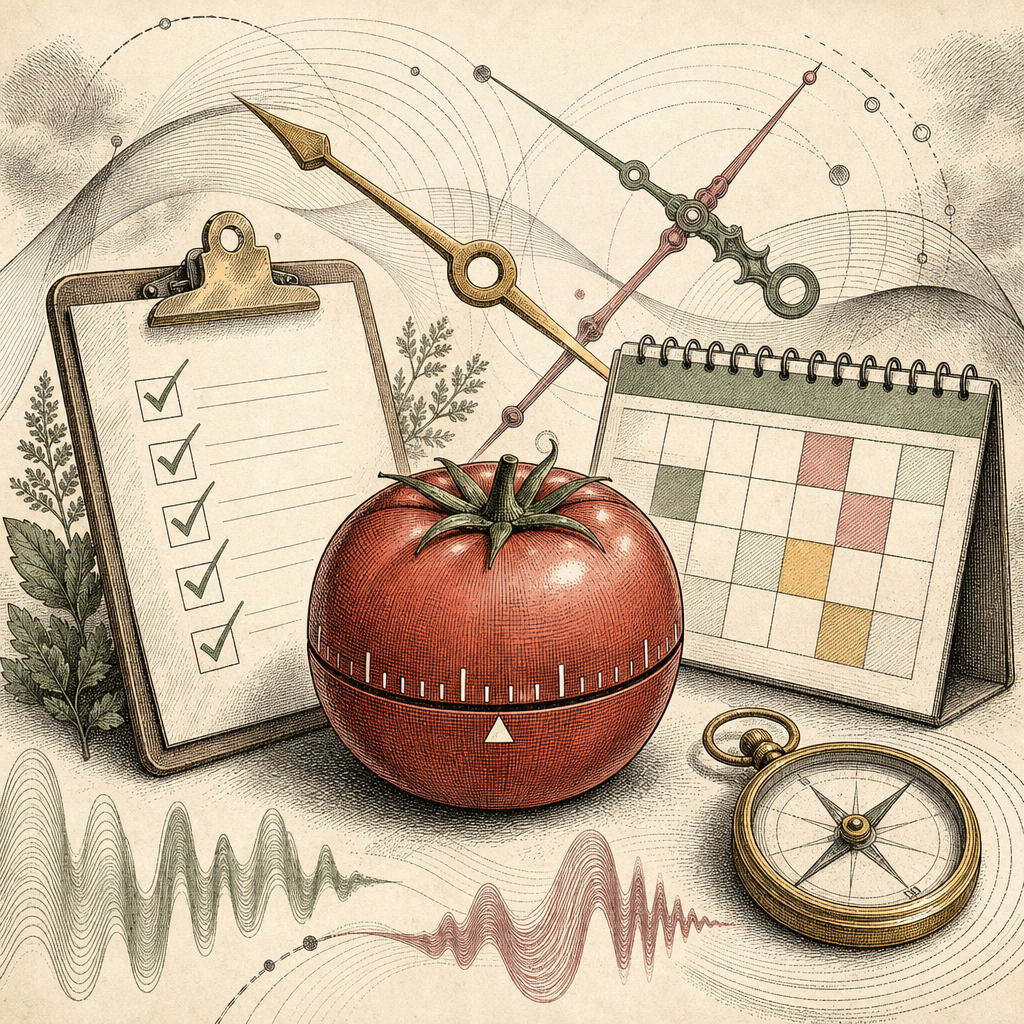 A colorful digital illustration of a Pomodoro timer, checklist, and calendar, all set against an abstract background of flowing clock hands and ambient sound waves.