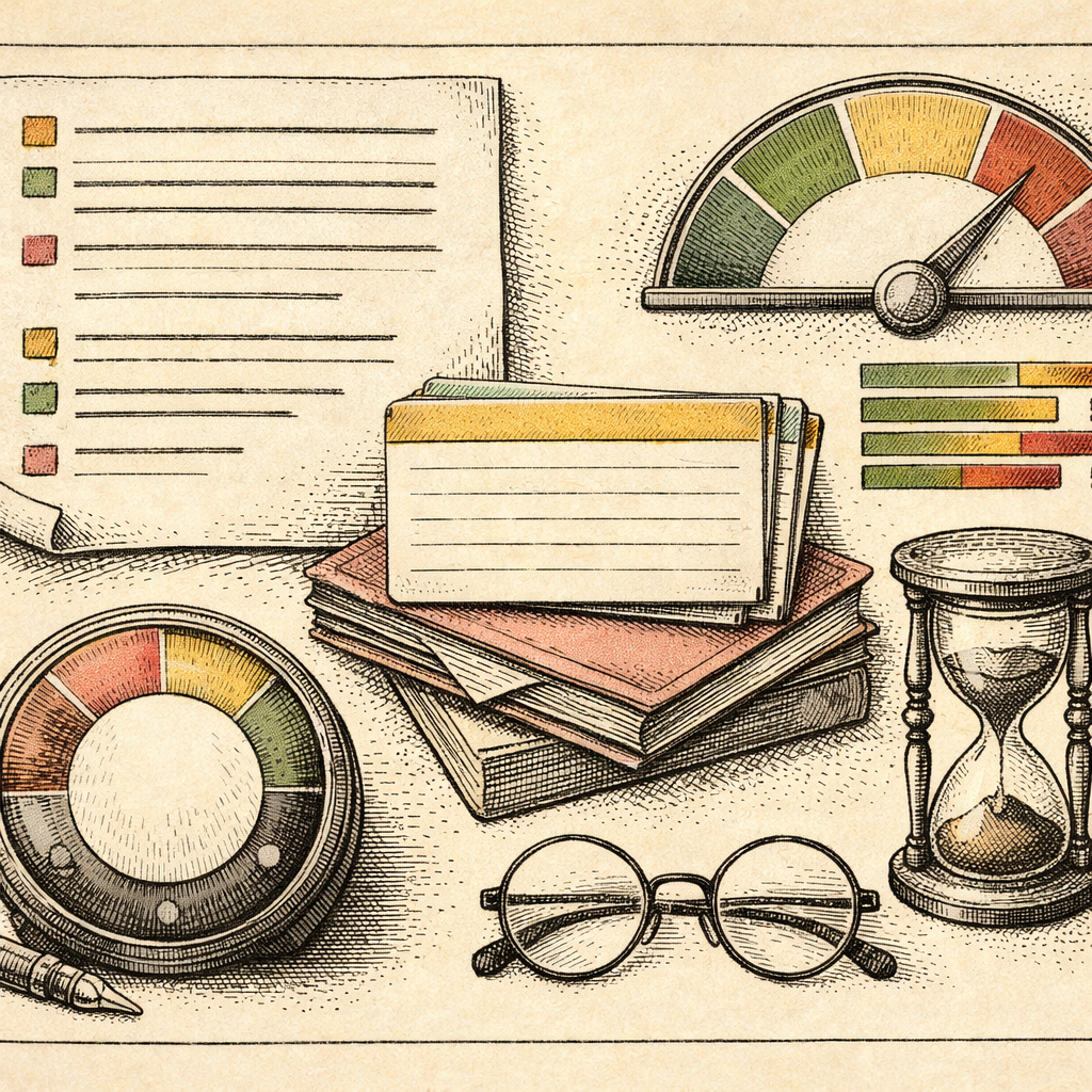 A collage of digital research tools including an abstract citation format sheet, a digital flashcard, a readability score meter, and a virtual study timer.