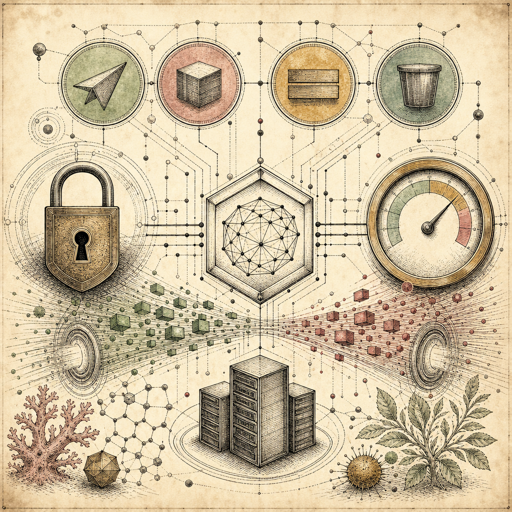 An abstract representation of API best practices: symbols of HTTP methods, secure locks, data packets in motion, and speed gauges overlaid on a digital network pattern.