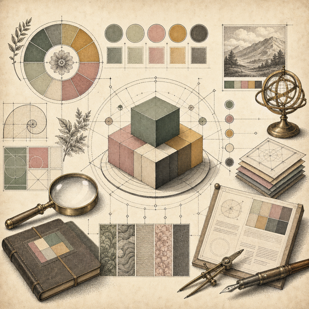 An abstract illustration of color palettes, fonts, and design grids forming a cohesive brand layout, symbolizing brand consistency.