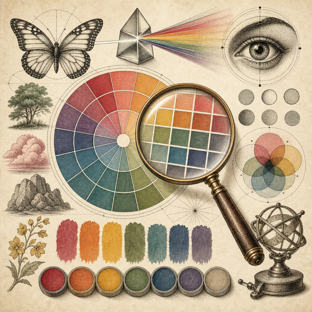Illustrate a vibrant color palette with contrasting swatches, showing a magnifying glass highlighting color variations, symbolizing color accessibility in design.