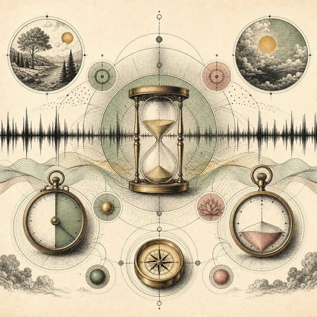 An abstract illustration depicting a harmonious blend of timers, ambient sound waves, and focus symbols, creating a sanctuary of deep concentration and productivity.
