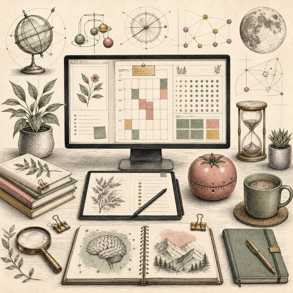 A digital workspace scene with an organized virtual desk, featuring a digital notepad, a habit tracker interface, a planner on the screen, and a Pomodoro timer, symbolizing digital organization and pr