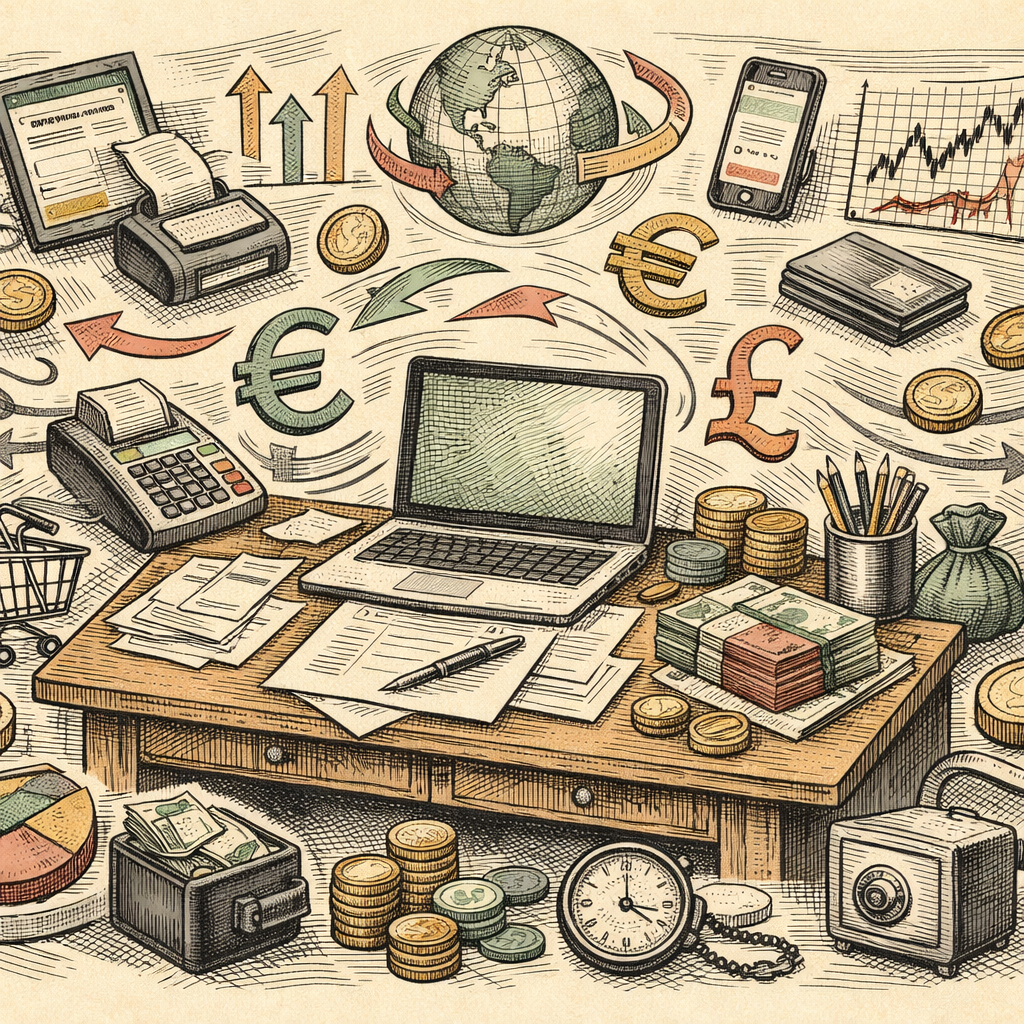 A vibrant marketplace scene with various modern financial tools like digital invoices, calculators, and currency symbols, all swirling around a central desk with a laptop and paperwork.