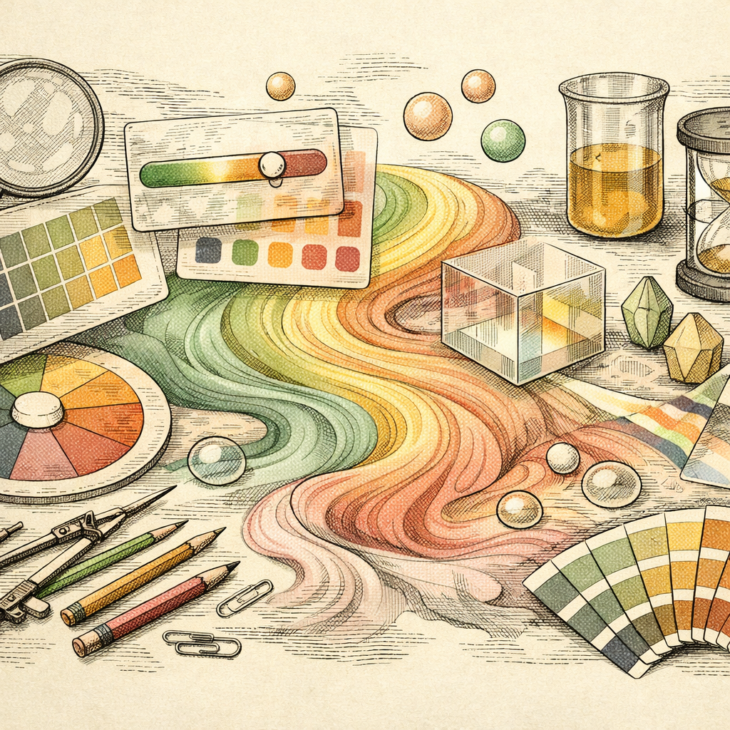 Abstract scene depicting vibrant gradients flowing like a river, with color palettes and glassmorphism elements intertwined, symbolizing creative design in progress.
