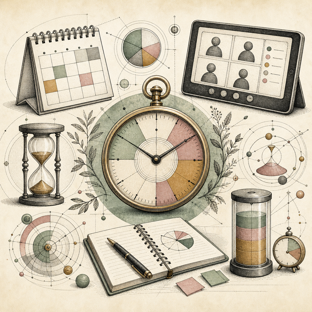 A vibrant, abstract depiction of a clock, calendar, and digital meeting tools like timers and notepads, symbolizing efficient time management in meetings.