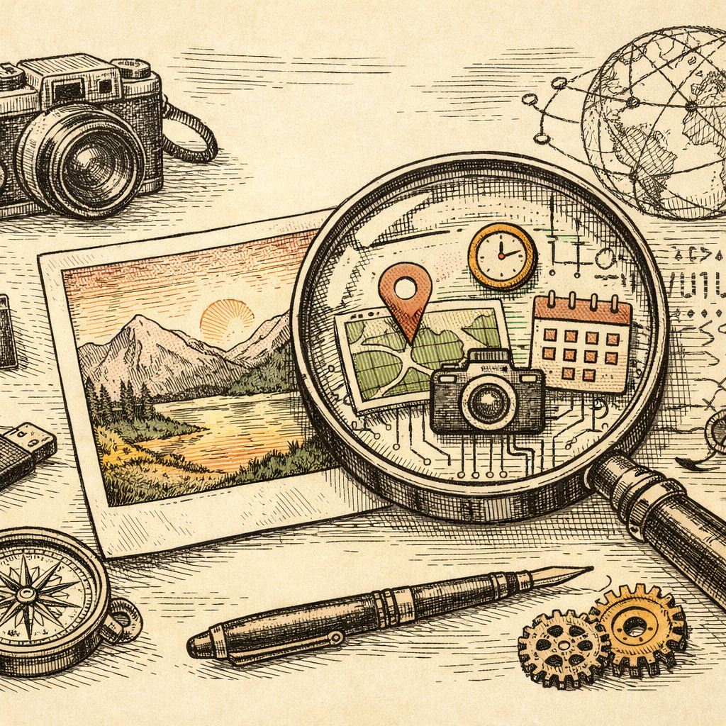 A magnifying glass revealing hidden metadata symbols like GPS coordinates, timestamps, and device models hidden behind a digital photo, symbolizing metadata exposure in digital files.