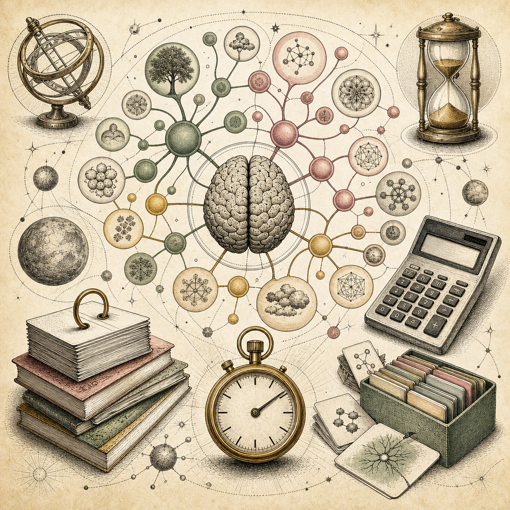 An abstract depiction of a vibrant mind map with interconnected concepts, digital tools like flashcards and calculators, and a timer symbolizing effective study techniques.