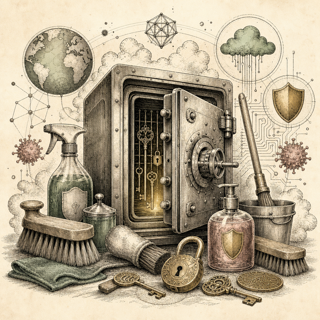 An abstract digital detox scene: a password vault surrounded by cleaning tools like brushes and disinfectant, symbolizing thorough security hygiene. Include locks, keys, and digital symbols intertwine