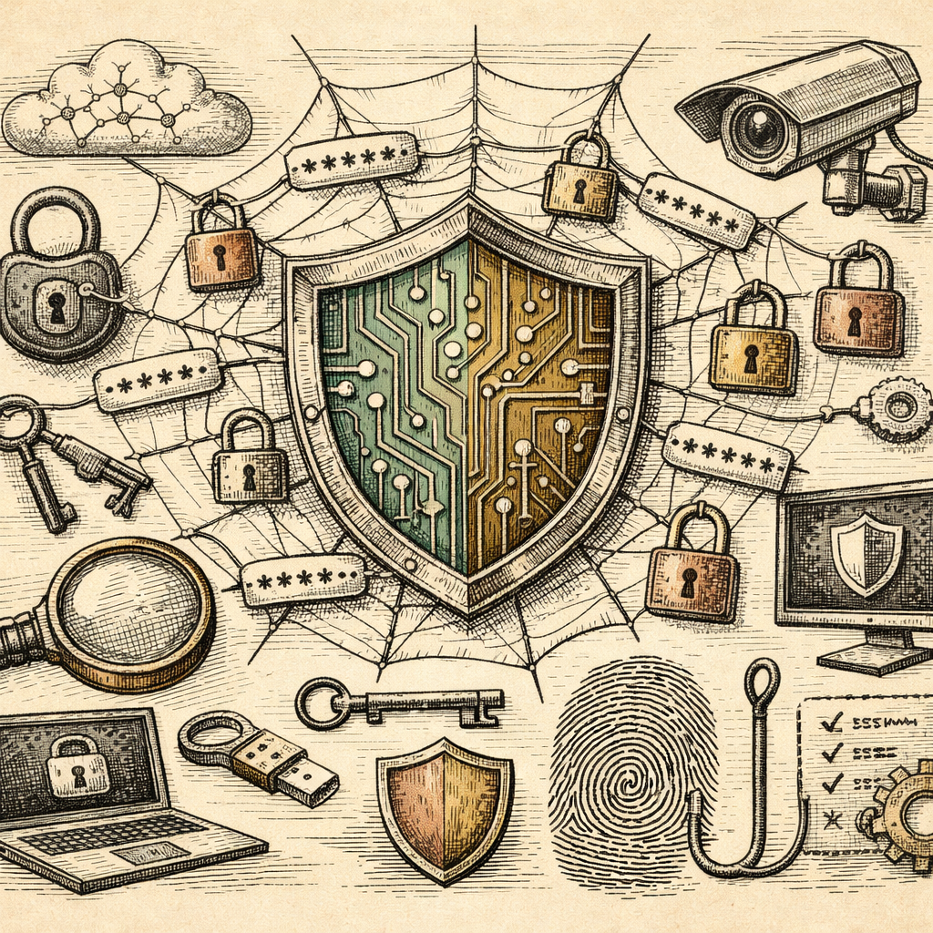 A stylized digital shield with intricate circuits and strong passwords forming a web around it, symbolizing password hygiene and cybersecurity.