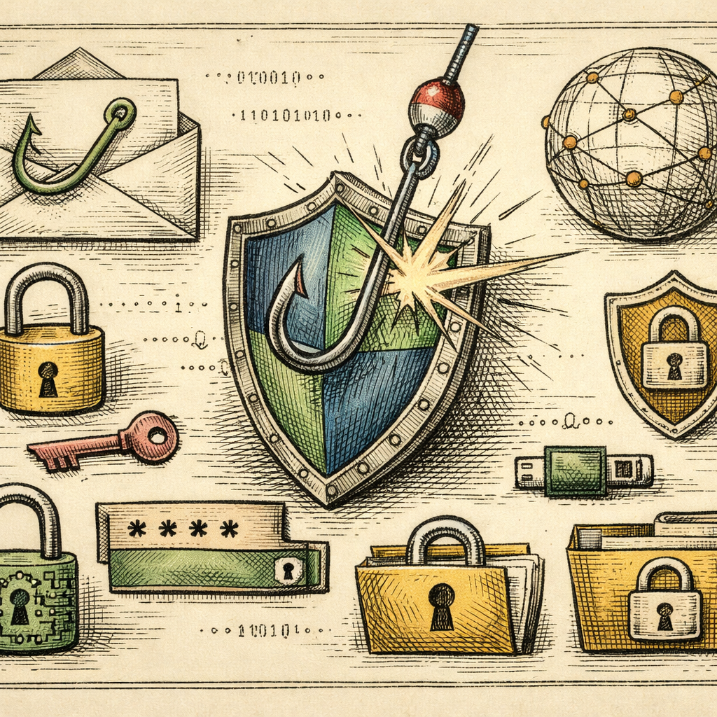 A digital shield blocking a phishing hook with security icons like padlocks and encrypted passwords surrounding it, symbolizing protection against phishing.