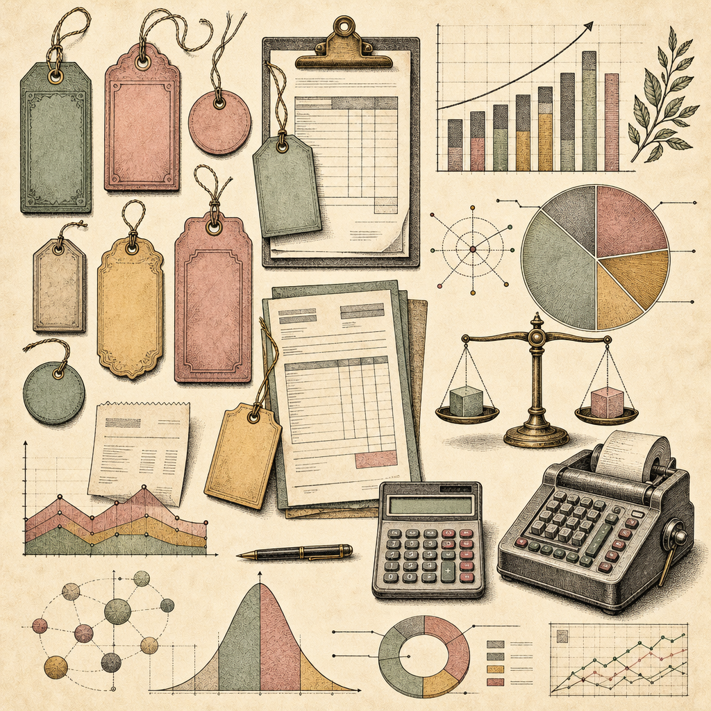 A collection of diverse price tags and invoices, alongside calculators and graphs depicting pricing strategy statistics and concepts.