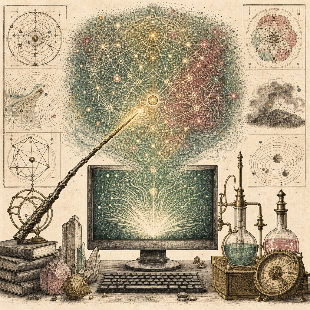 A vivid, abstract representation of a wizard casting a spell over a sea of text, with patterns of characters forming a glowing, intricate web above a computer monitor. No humans or faces.