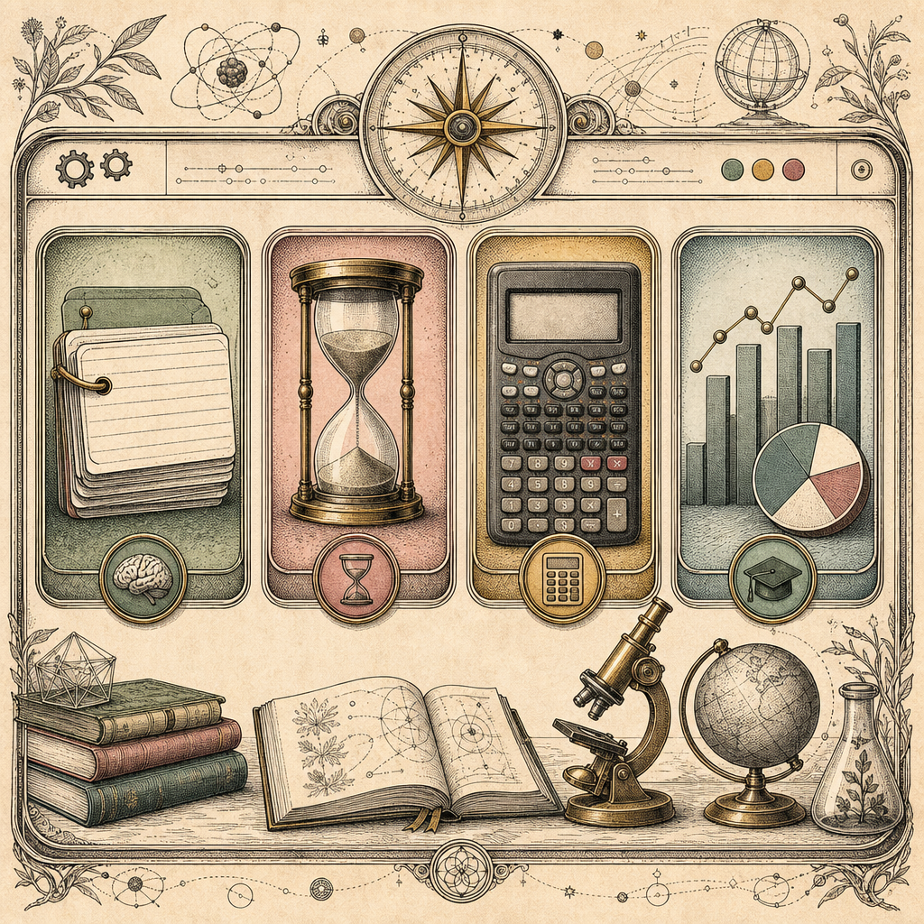 An array of digital study tools displayed as icons in a virtual toolbox, representing flashcards, a study timer, a scientific calculator, and a GPA tracker. Each tool is visually distinct and symbolic