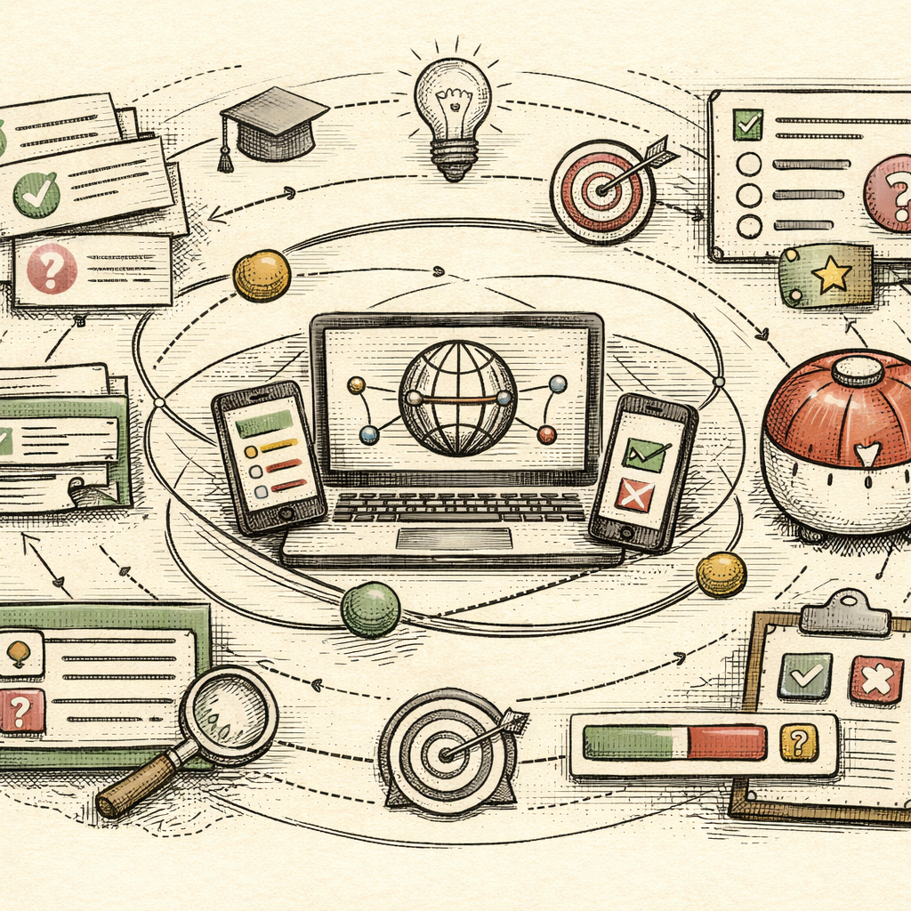 An abstract representation of modern study tools: digital flashcards, a timer resembling a Pomodoro clock, and interactive quiz elements, all orbiting around a central hub symbolizing a digital learni