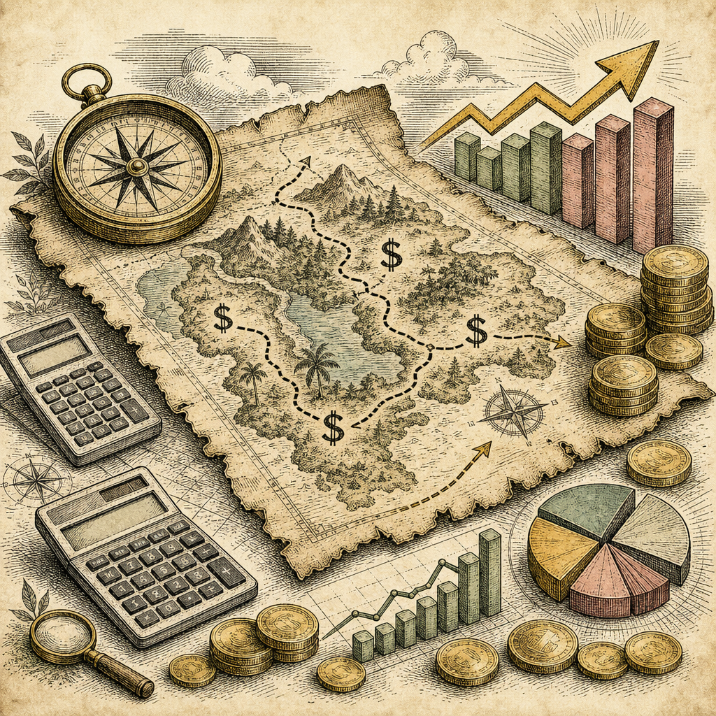 A vibrant scene of a treasure map with dollar signs, calculators, and graph charts symbolizing side hustle economics, surrounded by gold coins and arrows pointing to profits.